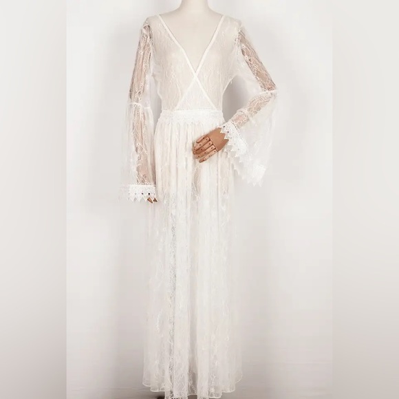 Bohemian Festival White EyeLash Lace Sheer A Line Unlined Maxi Coverup Dress - Picture 8 of 10
